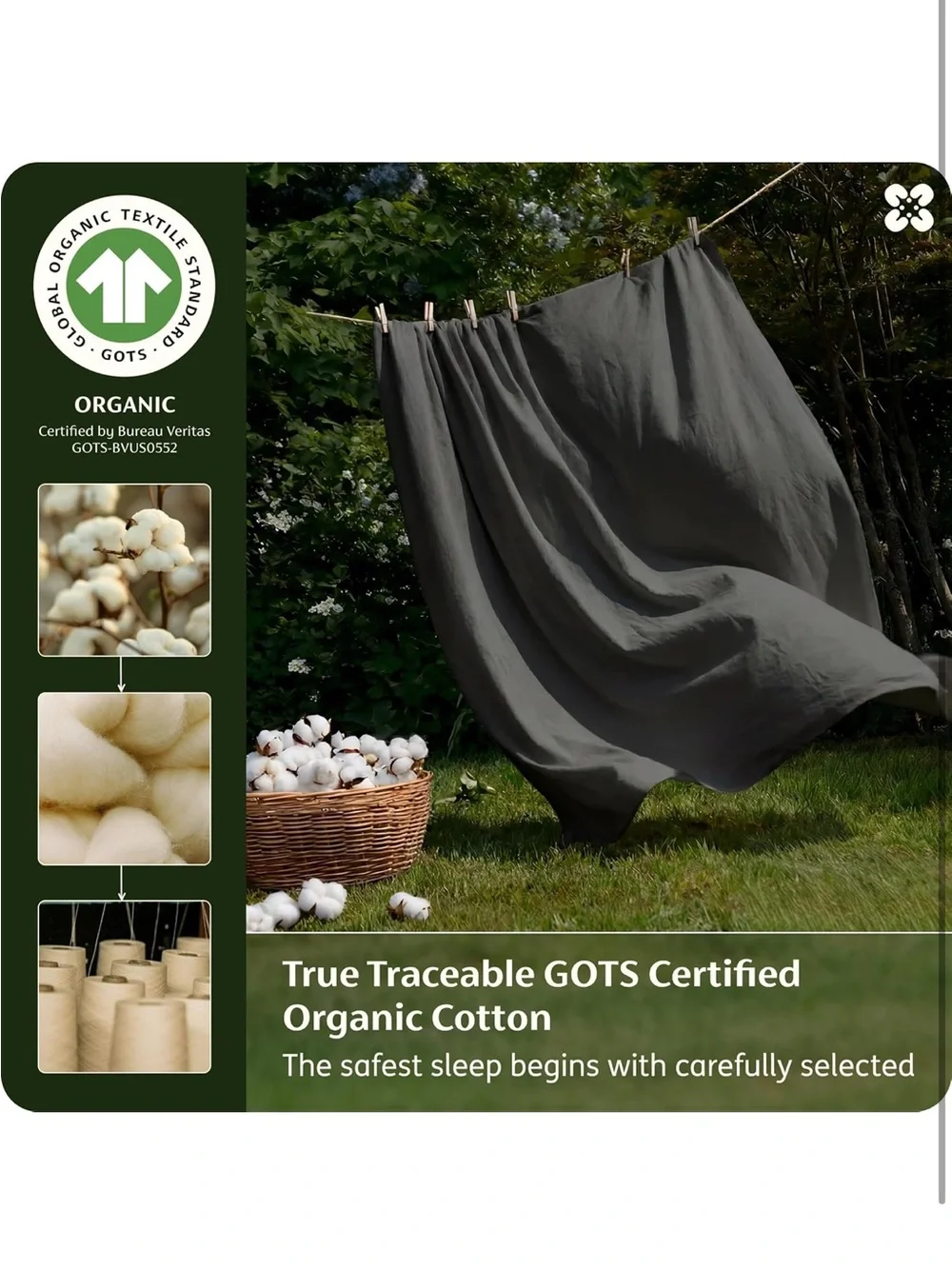 NEW Bedsure 100% Organic Cotton Duvet Cover Queen. GOTS Certified. Dark Grey